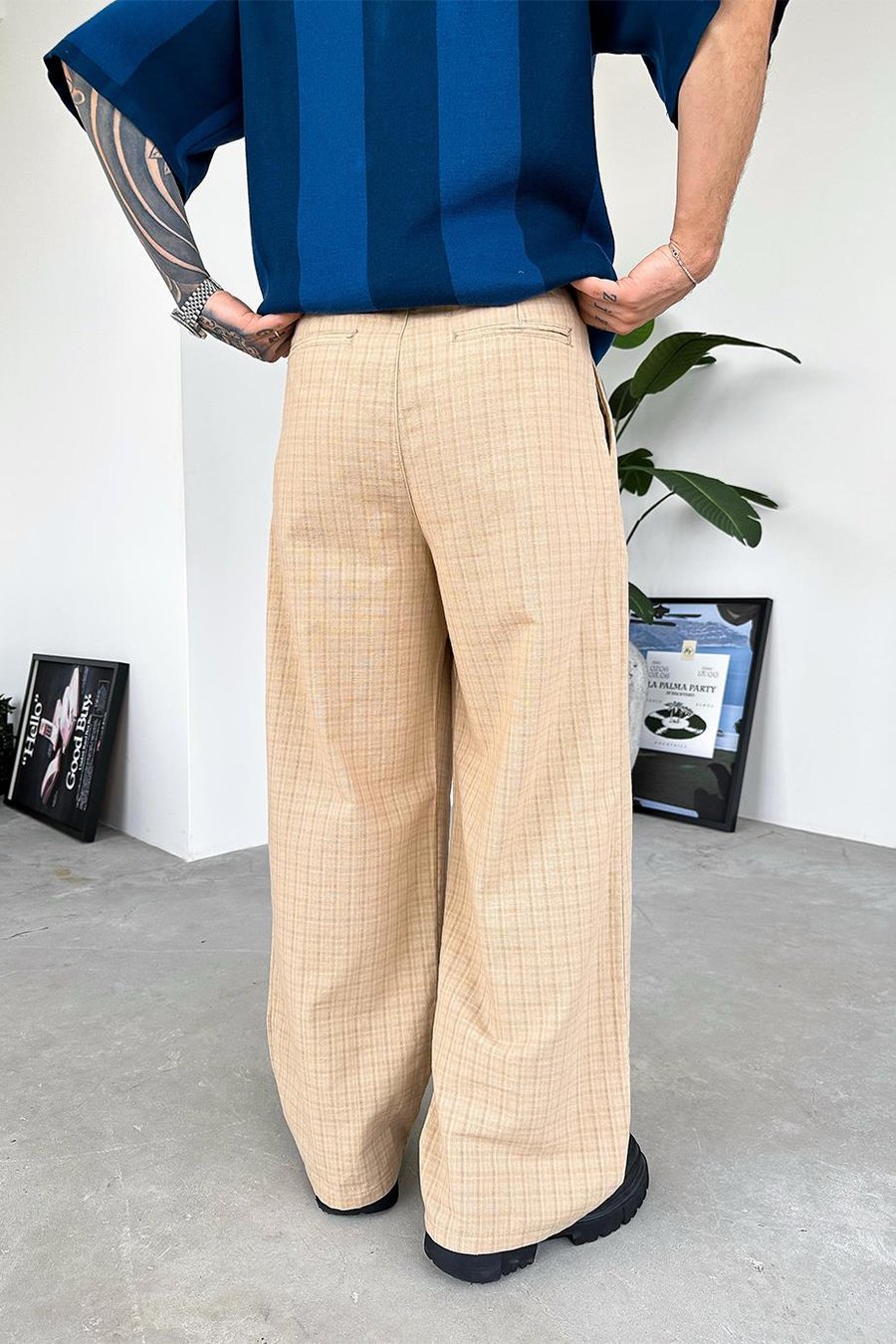 Bej Old Money Pileli Ekose Baggy Pantolon