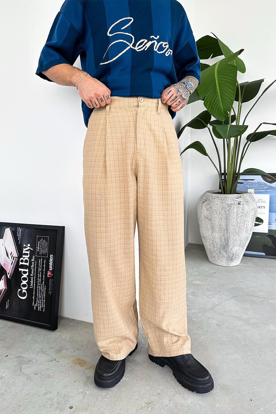 Bej Old Money Pileli Ekose Baggy Pantolon
