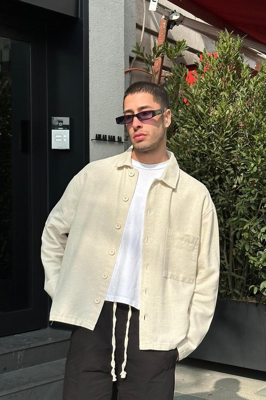 Bej Ön Cepli L6 GO Oversize Keten Gömlek