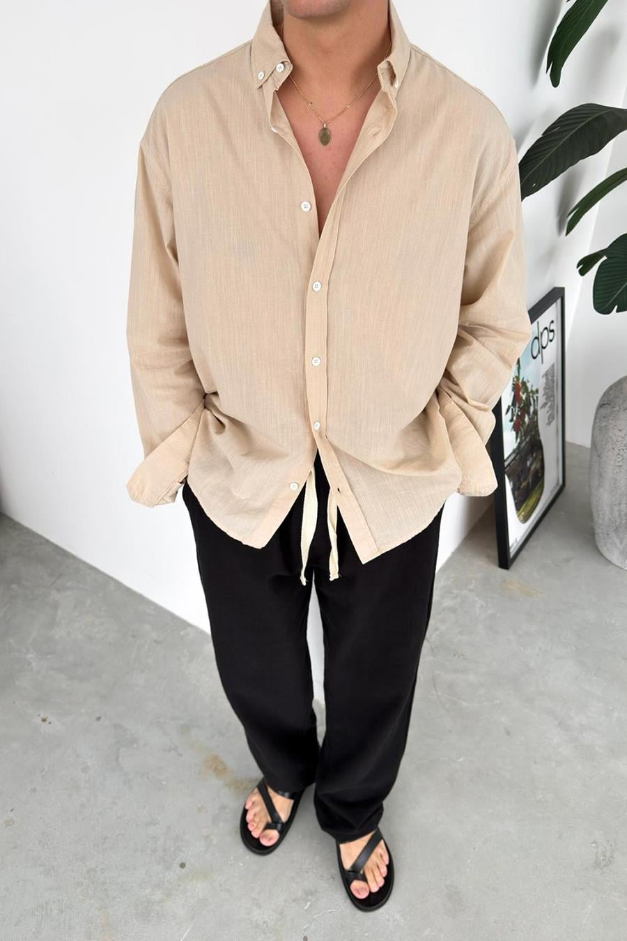 Bej Oversize Fresh Keten Gömlek