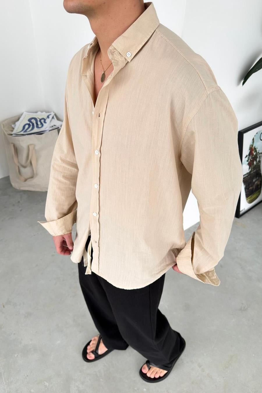 Bej Oversize Fresh Keten Gömlek