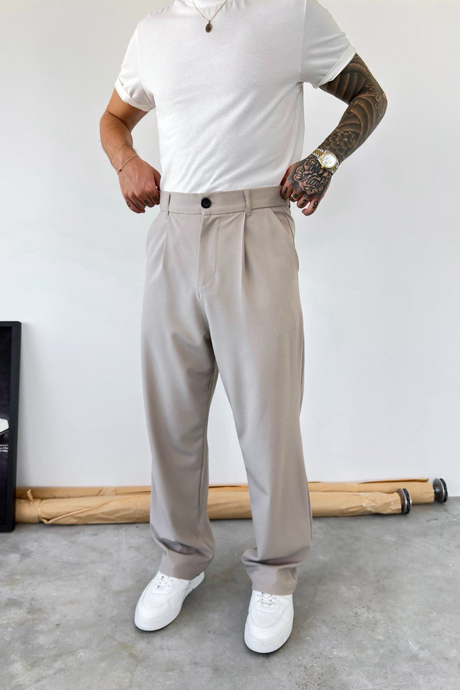 Bej Pileli Baggy Fit Kumaş Pantolon