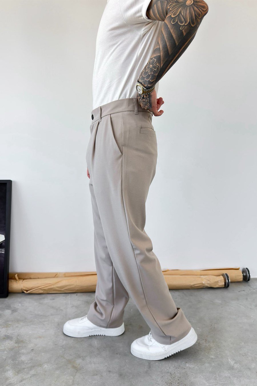 Bej Pileli Baggy Fit Kumaş Pantolon