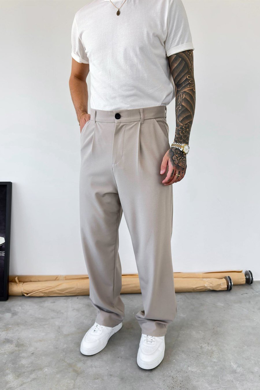 Bej Pileli Baggy Fit Kumaş Pantolon