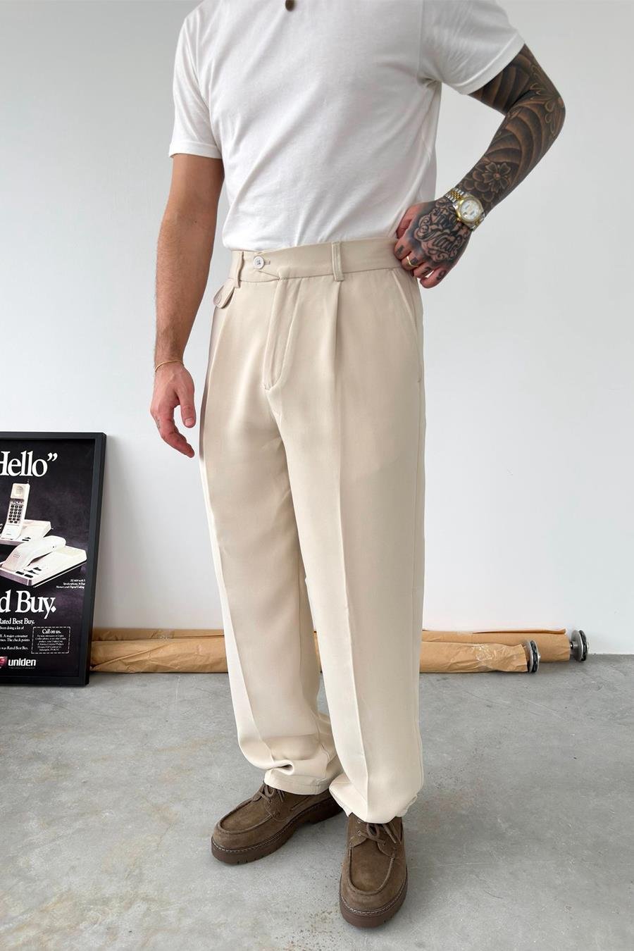 Bej Pileli Baggy Tasarım Kumaş Pantolon