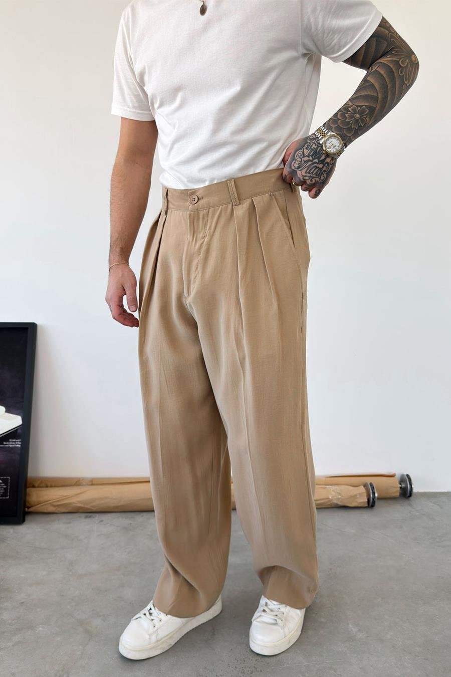 Bej Pileli Modal Kumaş Baggy Pantolon