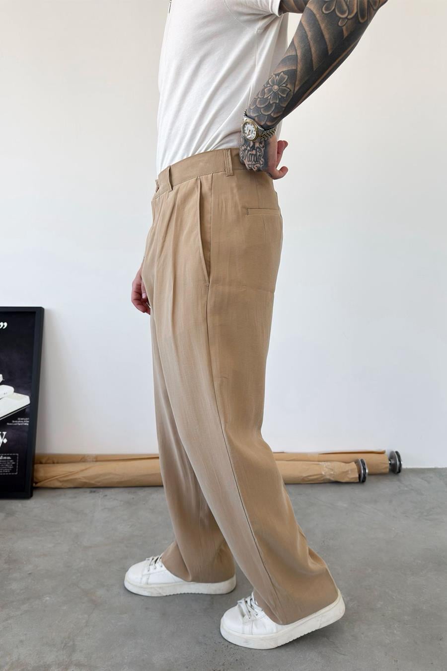 Bej Pileli Modal Kumaş Baggy Pantolon