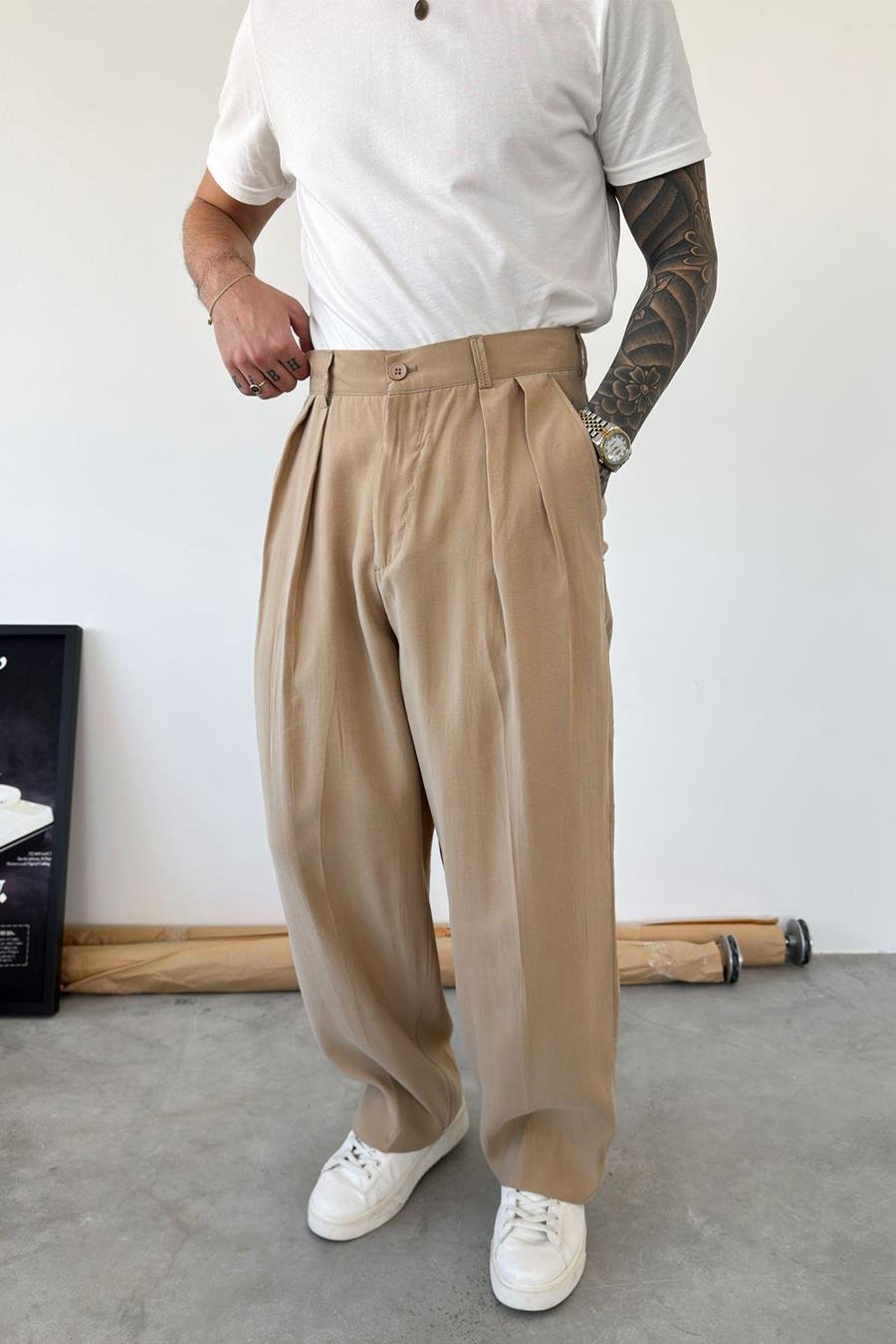 Bej Pileli Modal Kumaş Baggy Pantolon