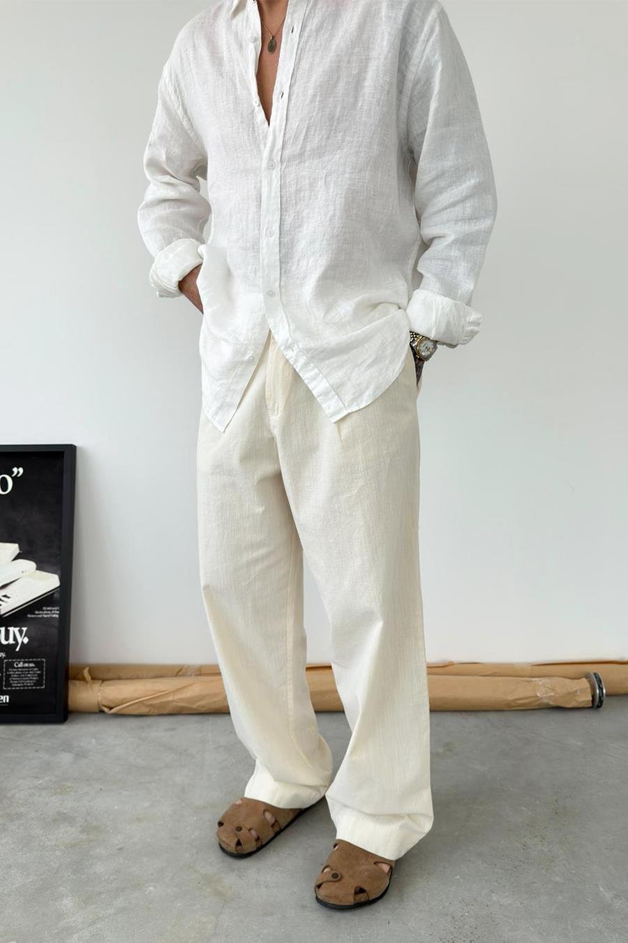 Bej Premium Baggy Keten Pantolon