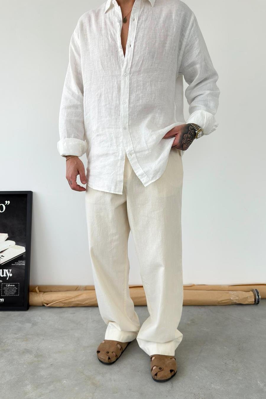 Bej Premium Baggy Keten Pantolon
