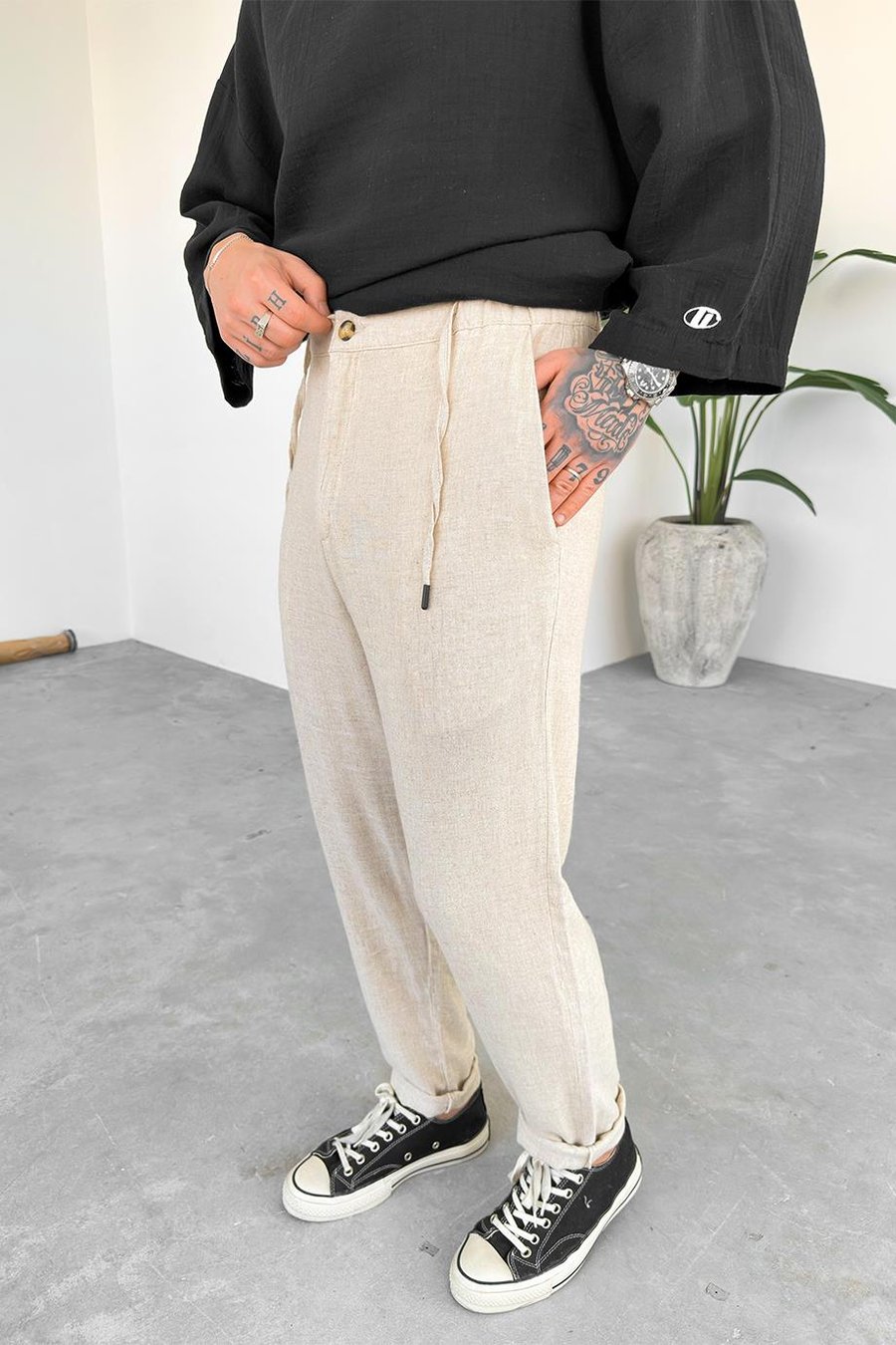 Bej Regular Keten Pantolon
