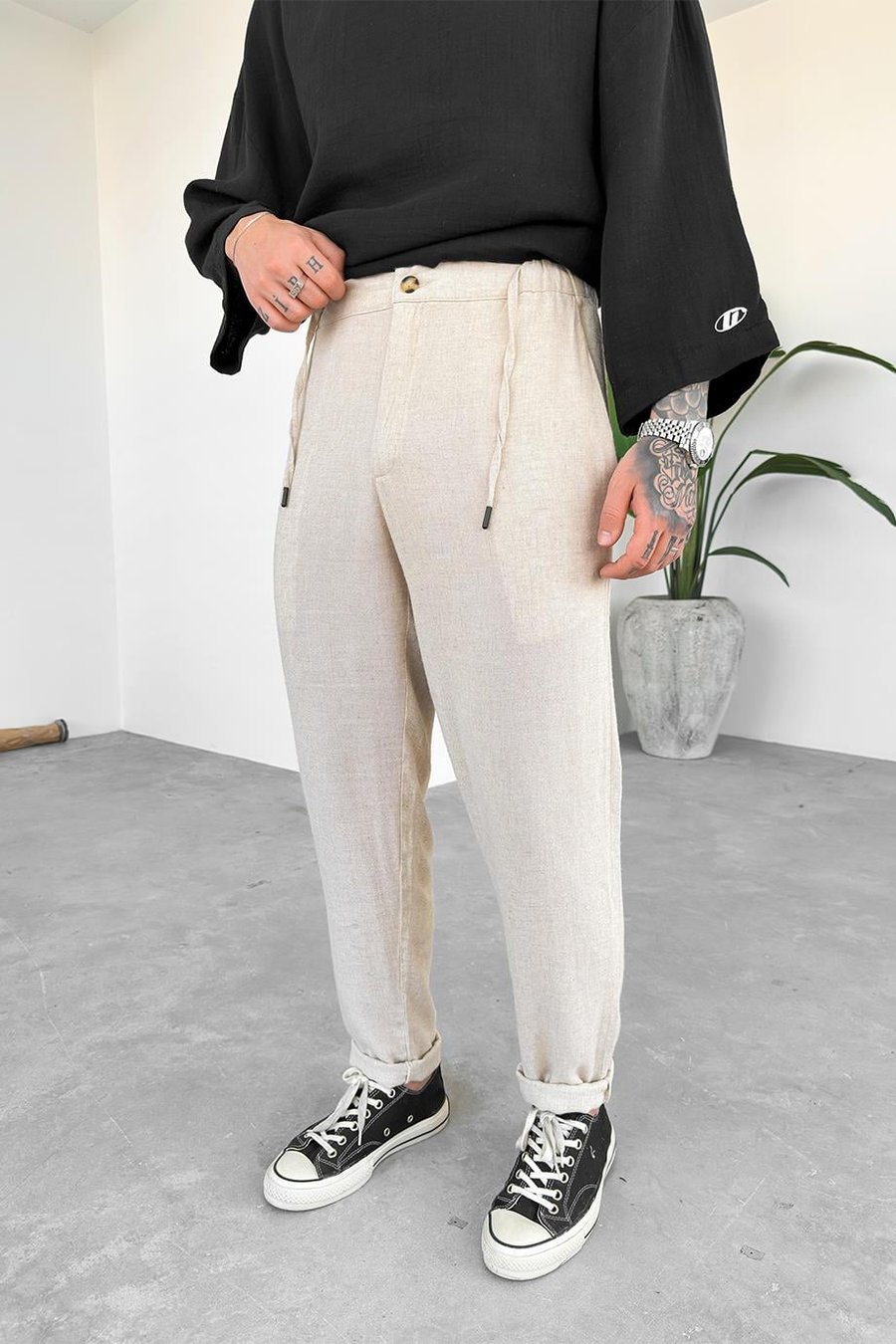 Bej Regular Keten Pantolon