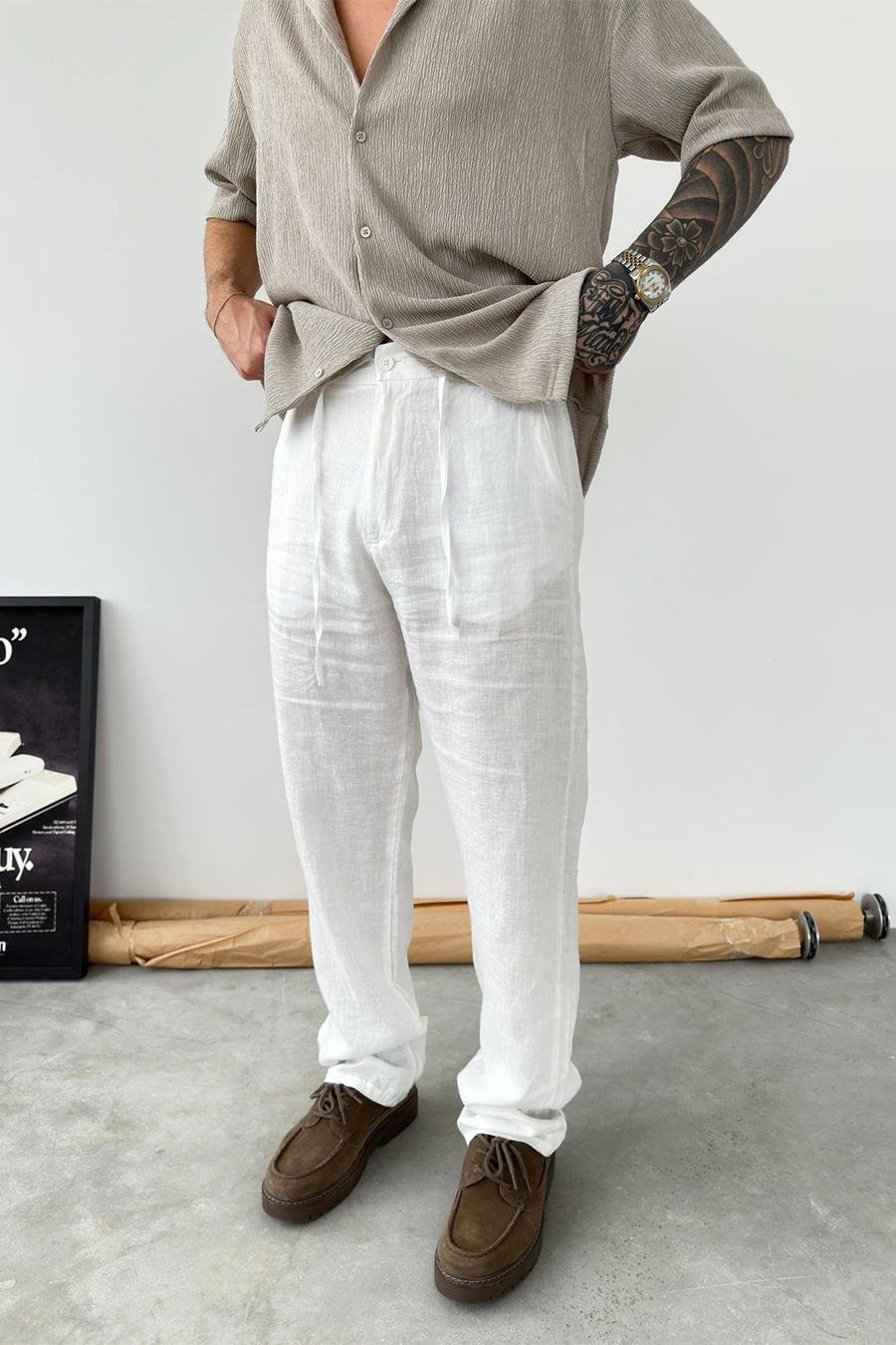 Beyaz Basic Baggy Keten Pantolon