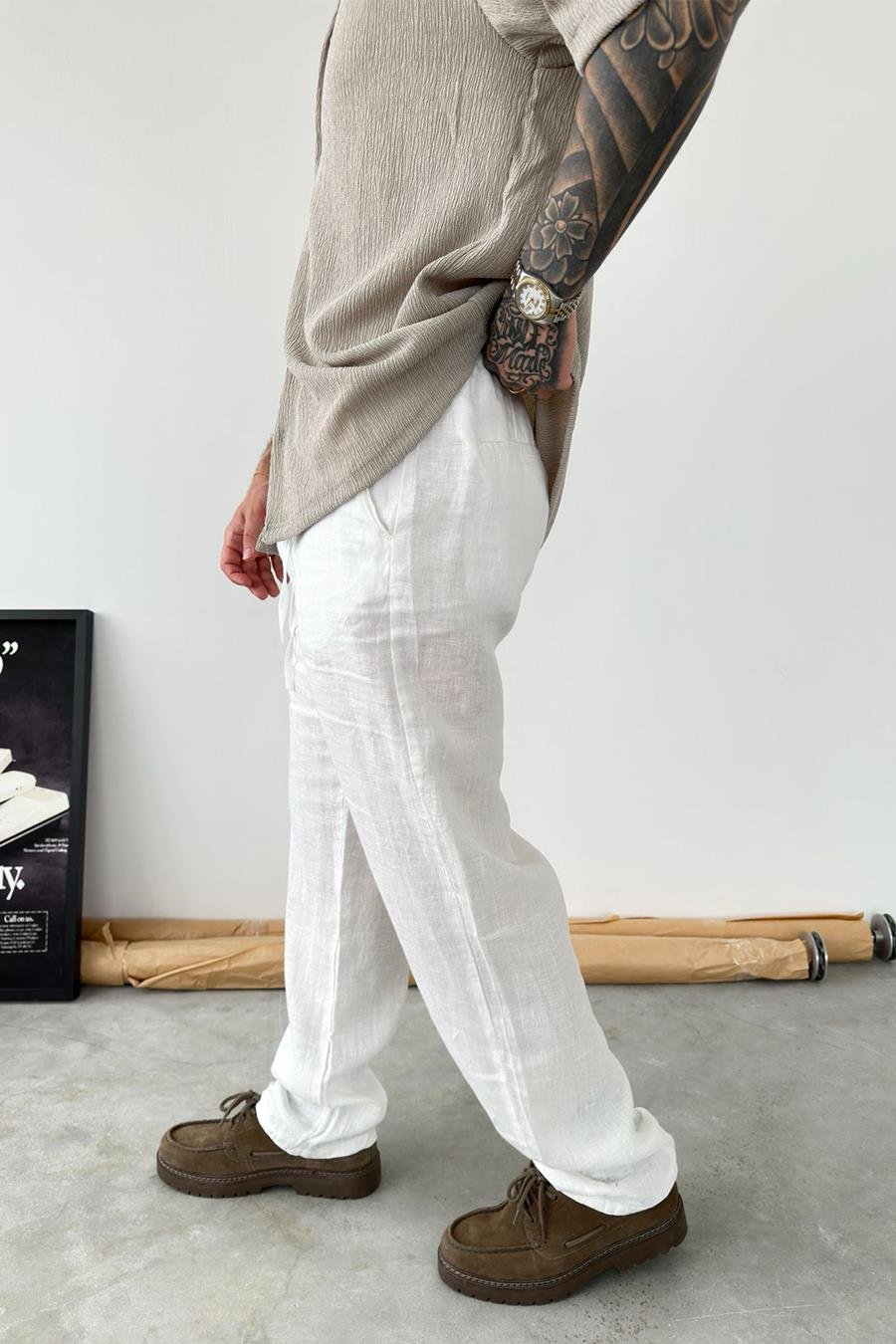 Beyaz Basic Baggy Keten Pantolon
