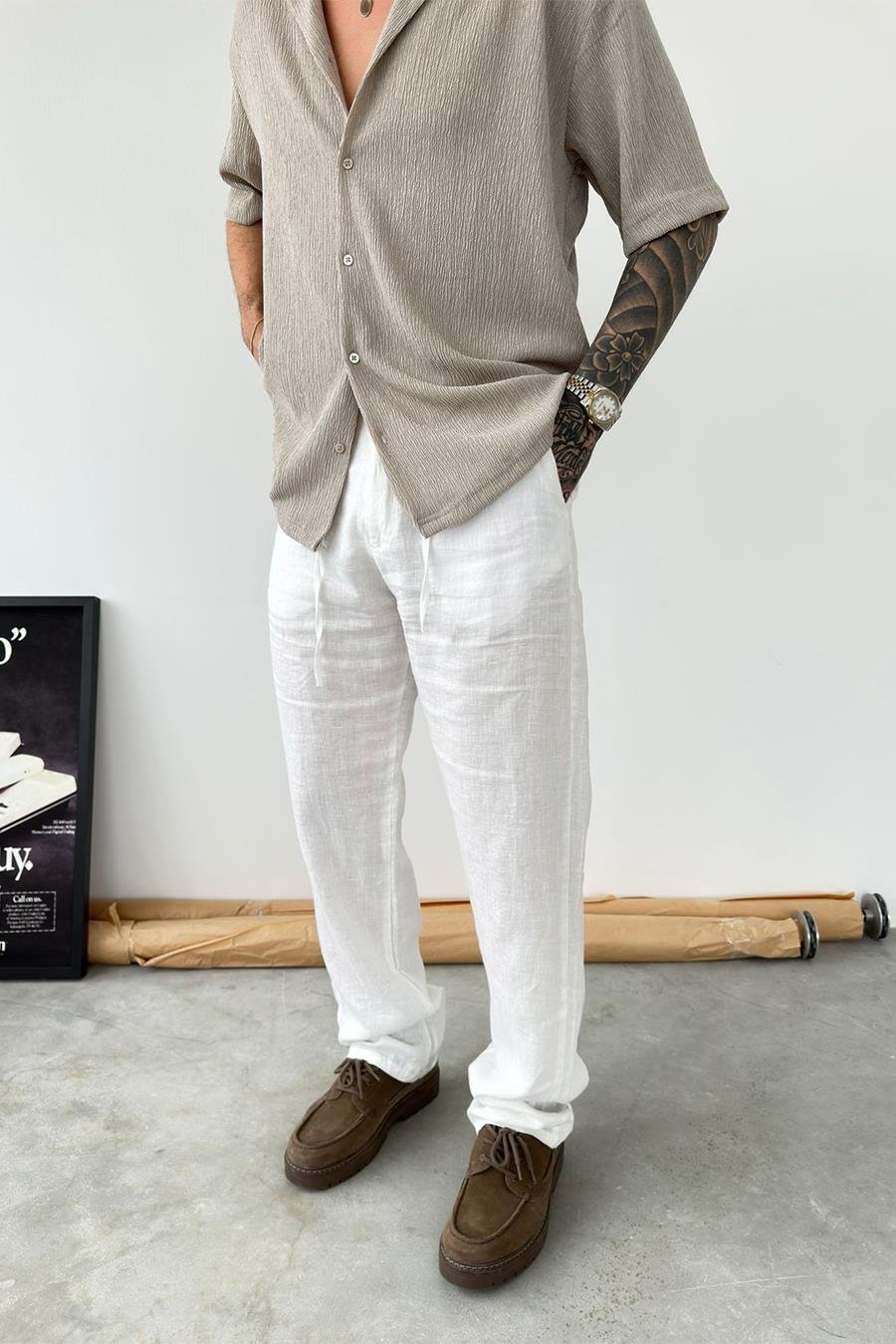 Beyaz Basic Baggy Keten Pantolon