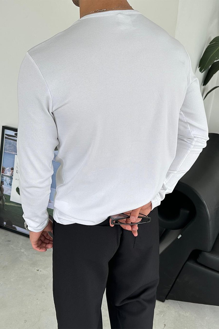 Beyaz Basic Fitilli Relax Fit Uzun Kollu Tişört