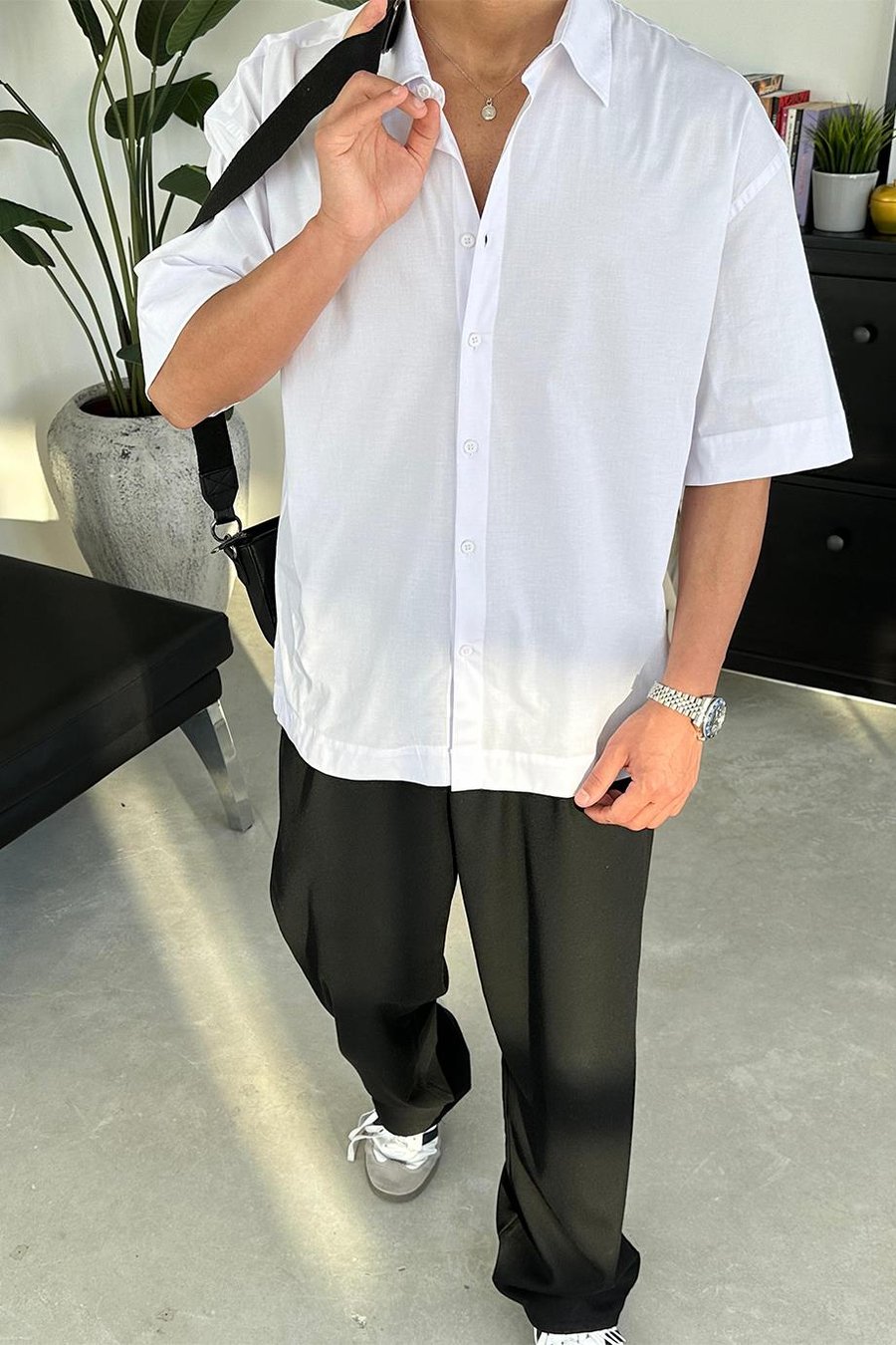 Beyaz Basic Oversize Kısa Kollu Gömlek