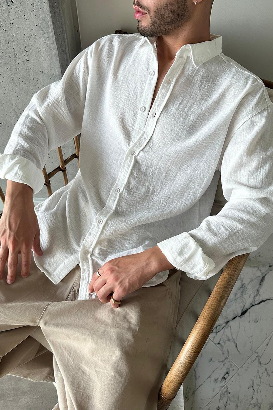 Beyaz Basic Relax Fit Keten Gömlek