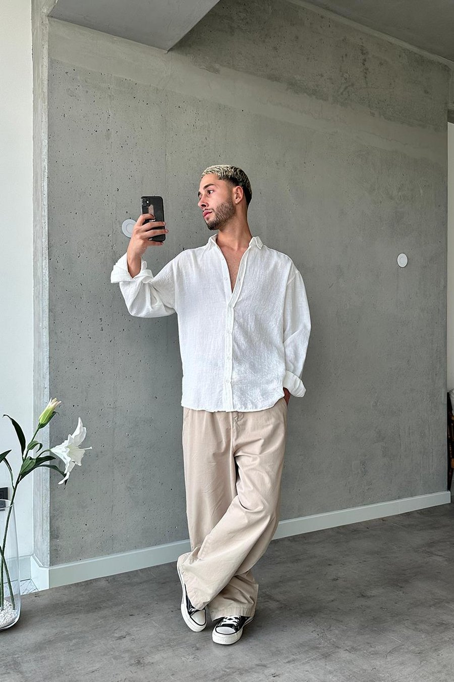 Beyaz Basic Relax Fit Keten Gömlek