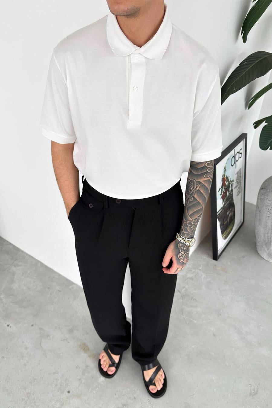 Beyaz Basic Relaxed Polo Yaka Tişört