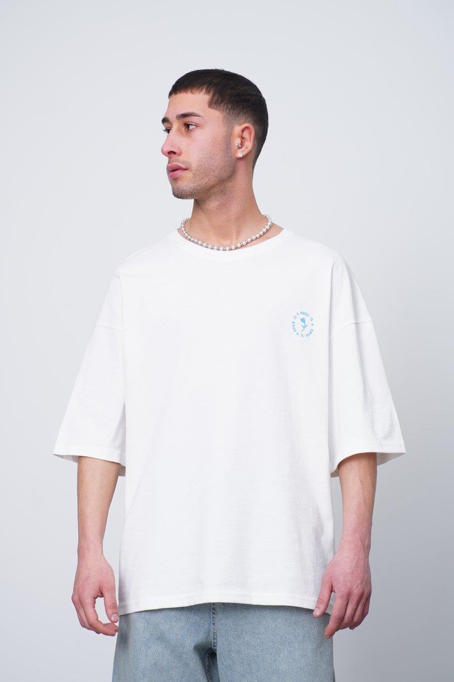 Beyaz Beyaz Fırça Kumaş Basic Rose CH Oversize Tişört