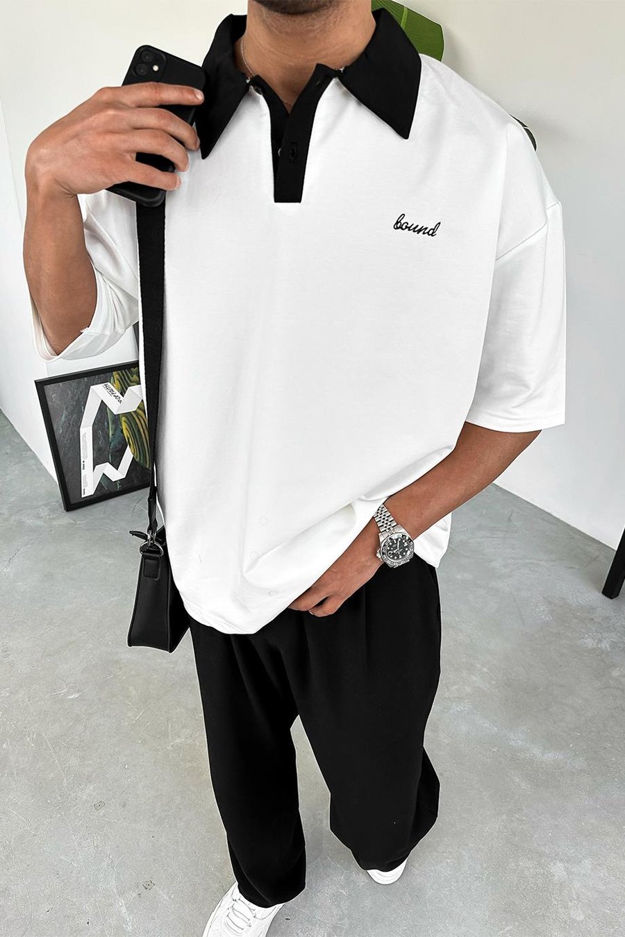 Beyaz Bound Polo Yaka OUTPLENTY PREMİUM Oversize Tişört