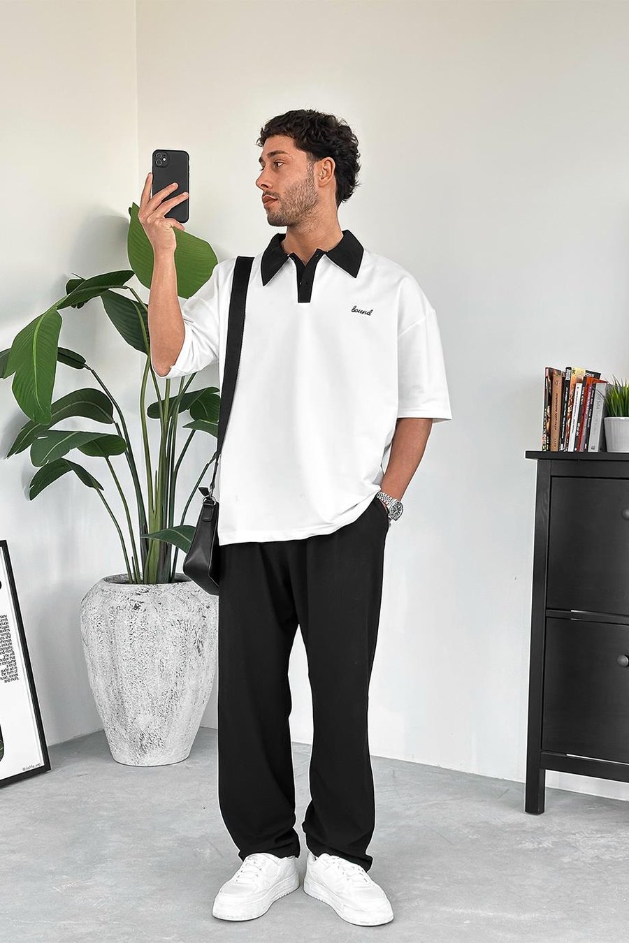 Beyaz Bound Polo Yaka OUTPLENTY PREMİUM Oversize Tişört