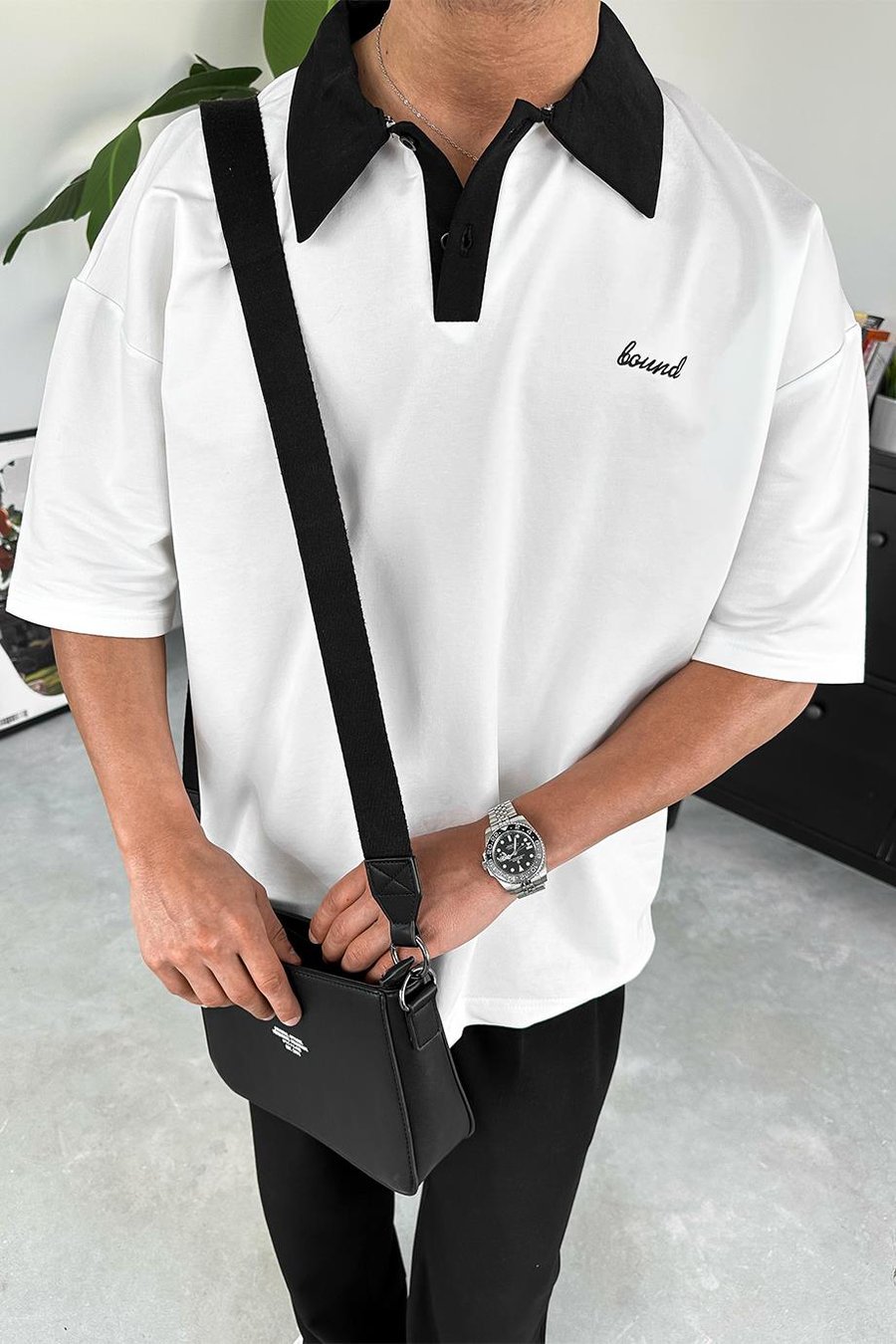 Beyaz Bound Polo Yaka OUTPLENTY PREMİUM Oversize Tişört