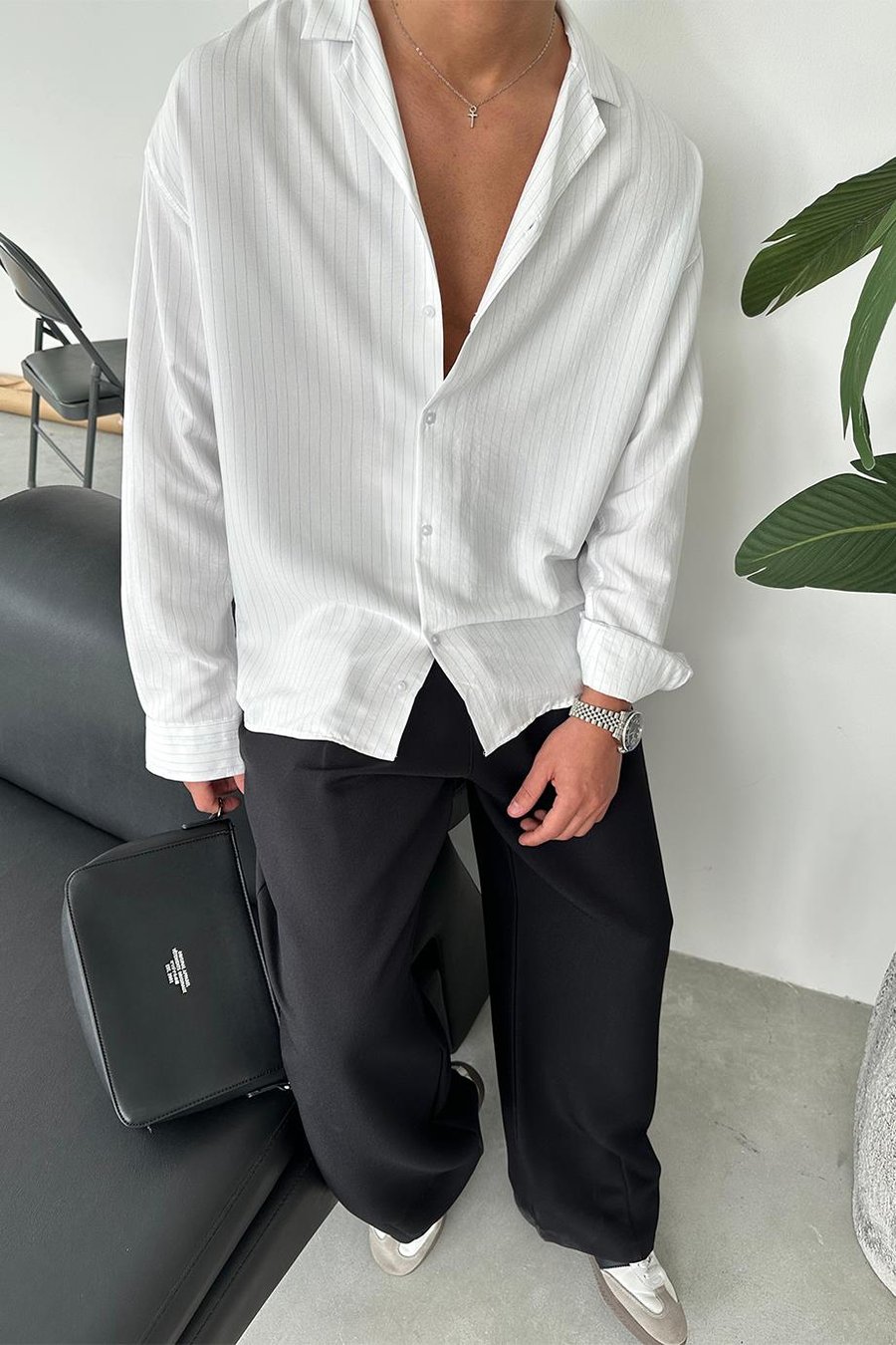 Beyaz Çizgili Basic Oversize Gömlek