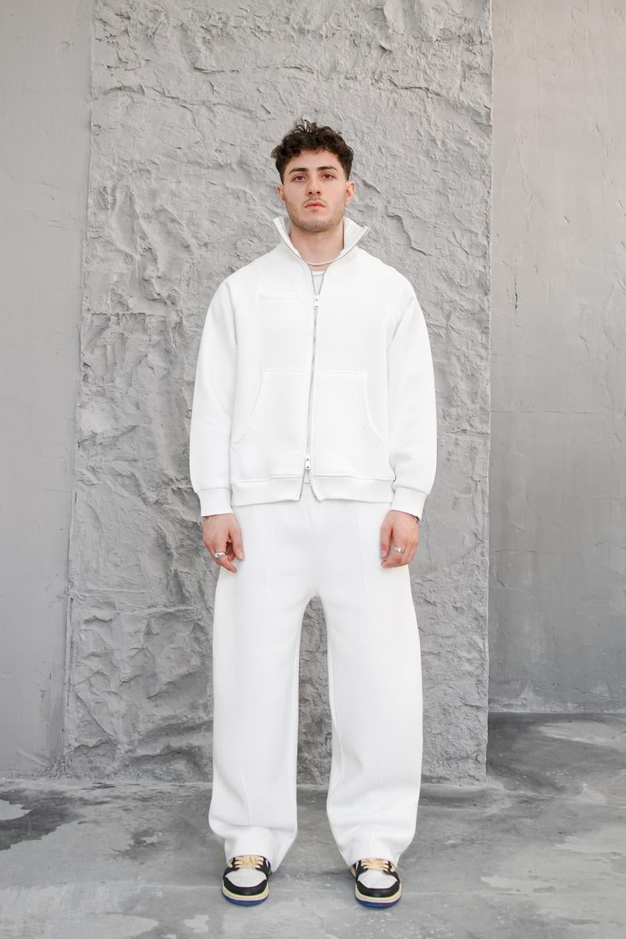 Beyaz Cozy Basic Çift Fermuar Oversize Sweatshirt