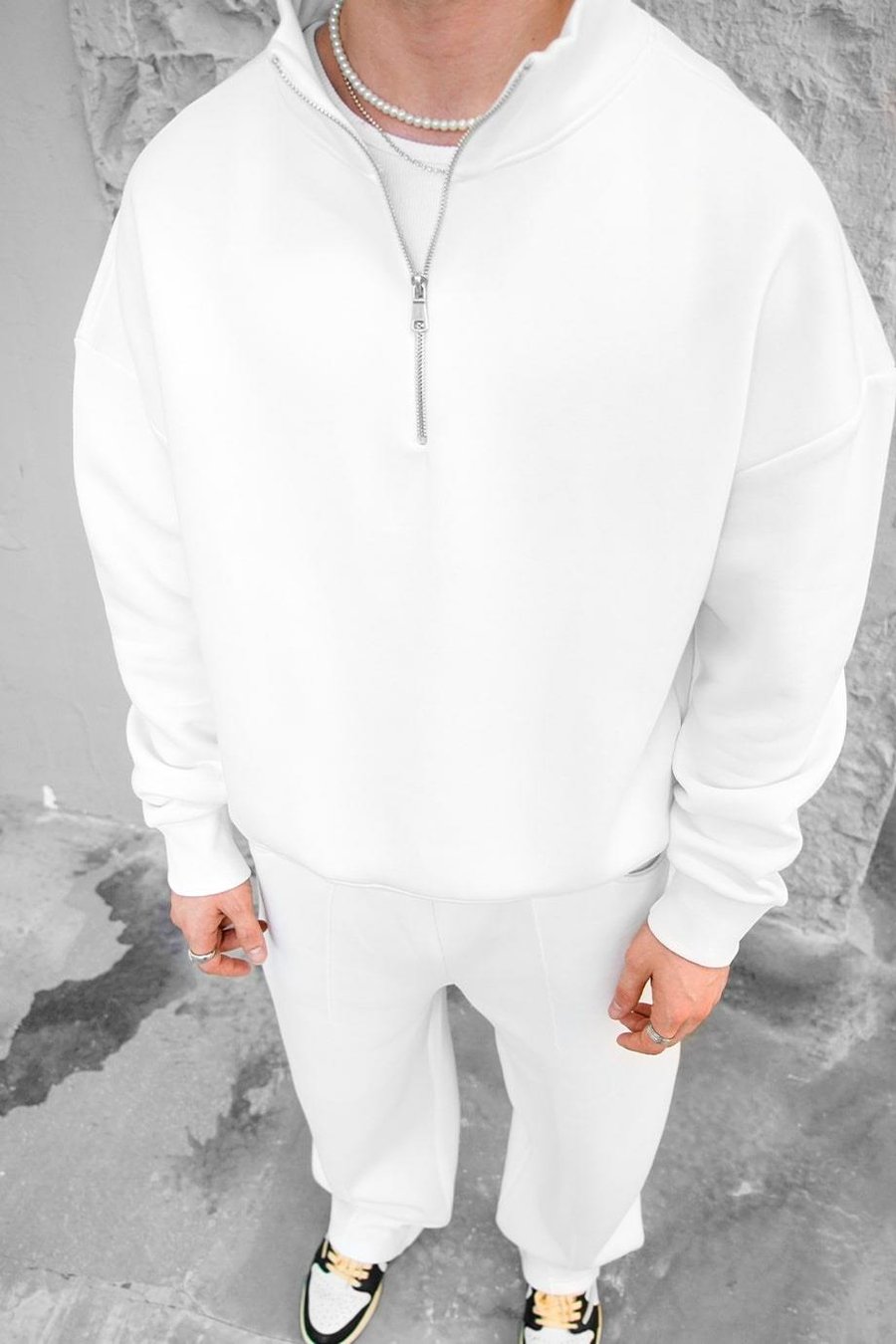 Beyaz Cozy Basic Yarım Fermuar Oversize Sweatshirt