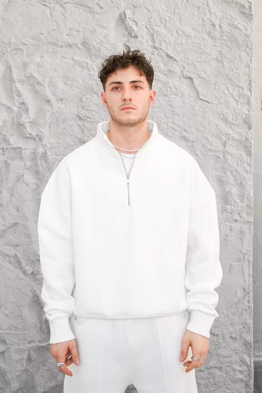 Beyaz Cozy Basic Yarım Fermuar Oversize Sweatshirt