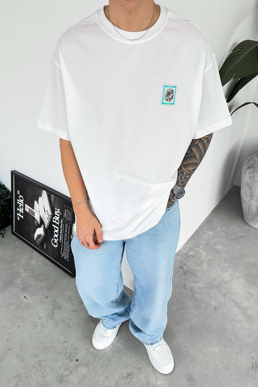 Beyaz Empire Baskılı Oversize Tişört