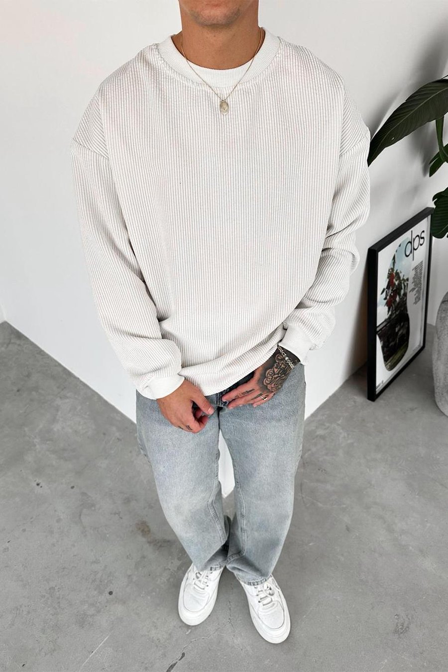 Beyaz Fitilli Kadife Basic Sweat