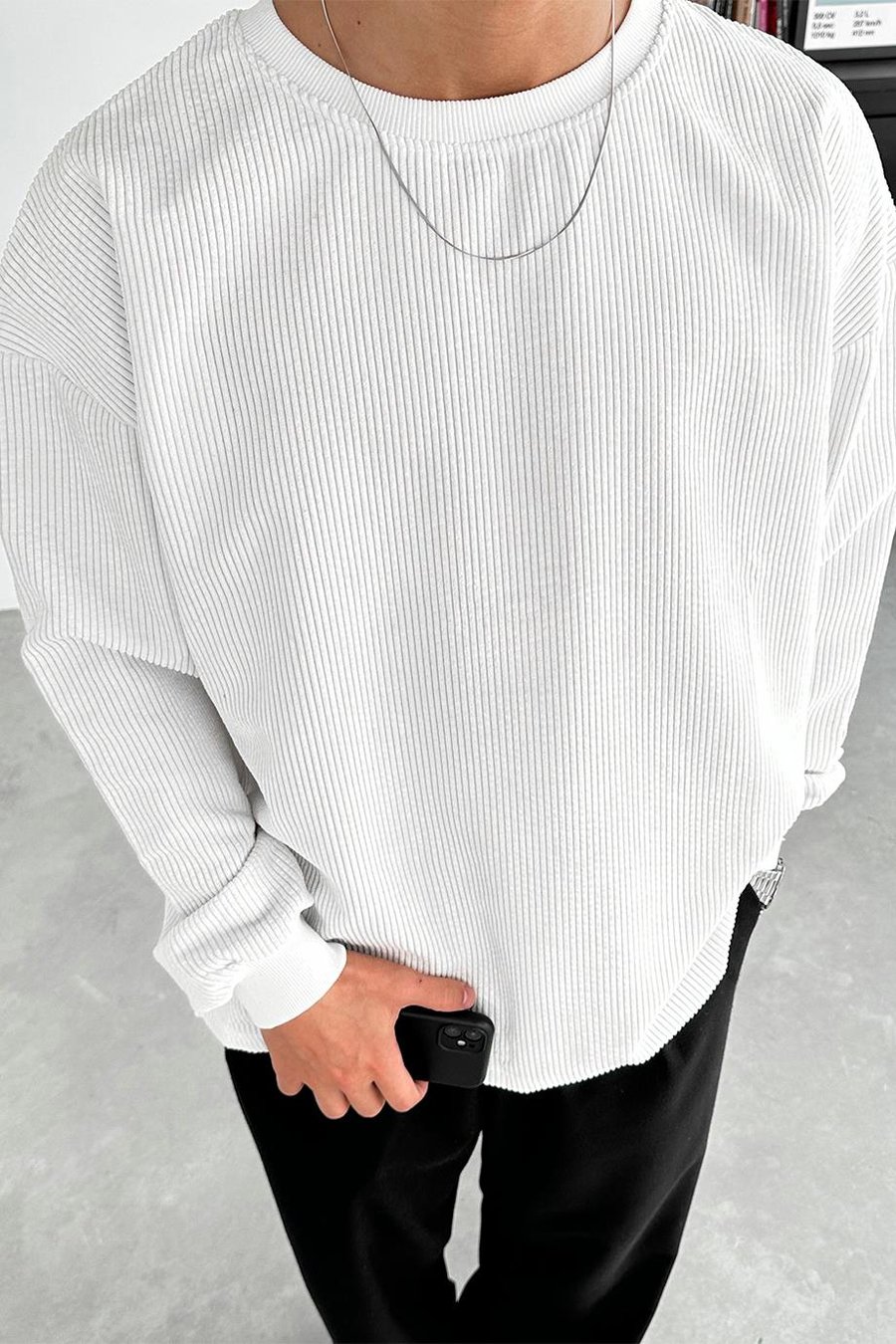 Beyaz Fitilli Kadife Basic Sweat