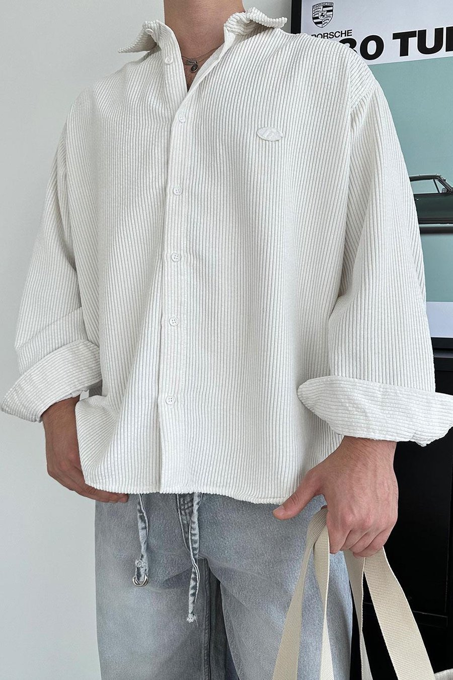 Beyaz Fitilli Kadife Oversize Gömlek