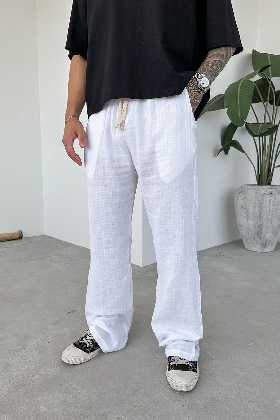 Beyaz Müslin Kumaş Premium Baggy Pantolon