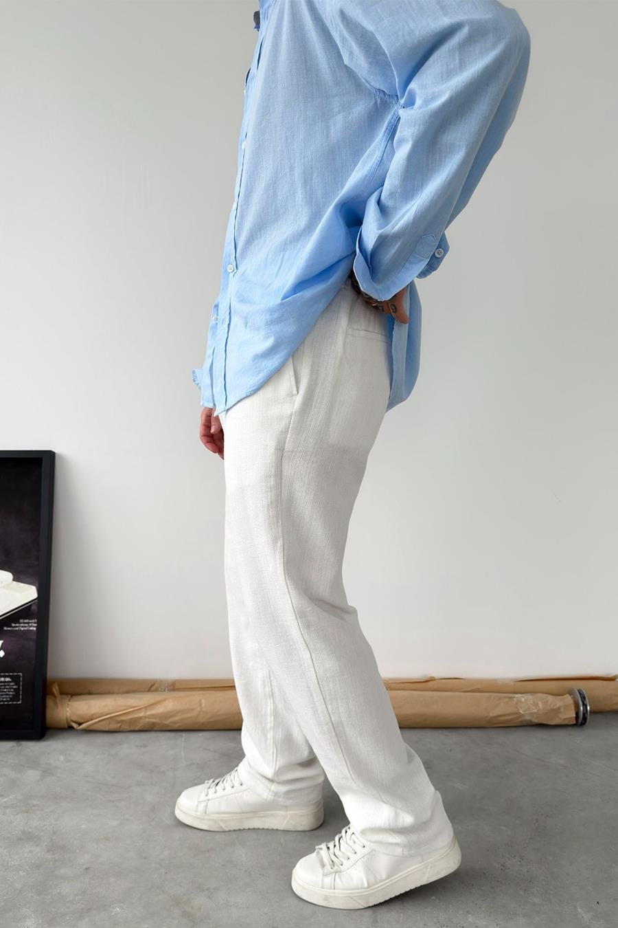 Beyaz Premium Baggy Keten Pantolon