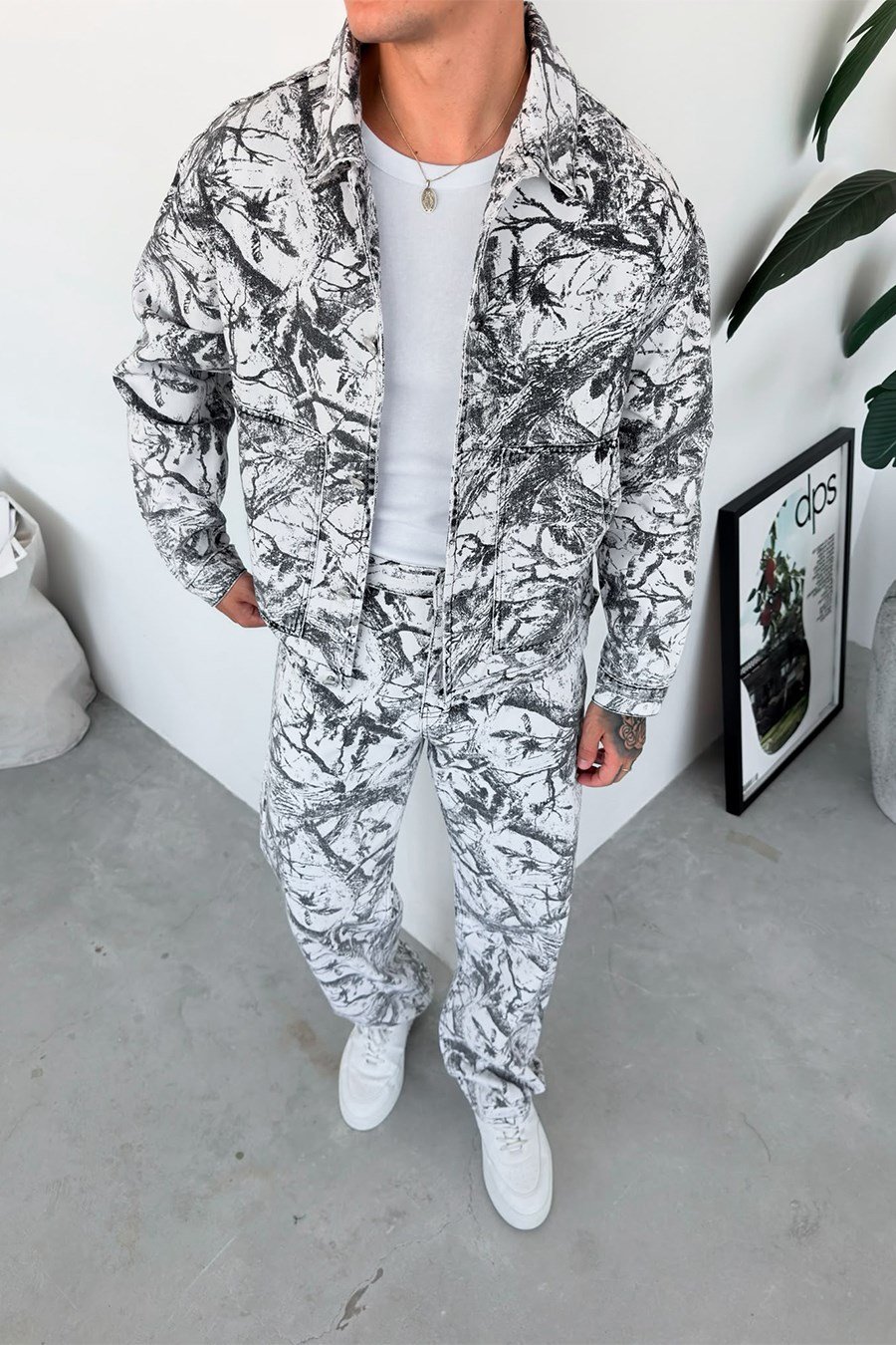Beyaz Premium Baskılı Denim Takım
