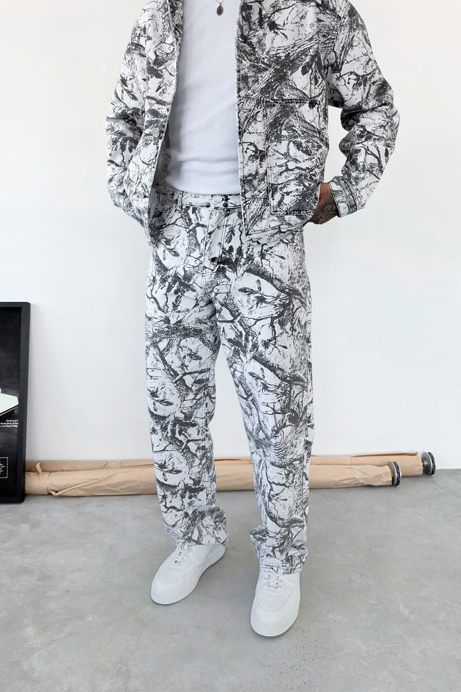 Beyaz Premium Baskılı Denim Takım