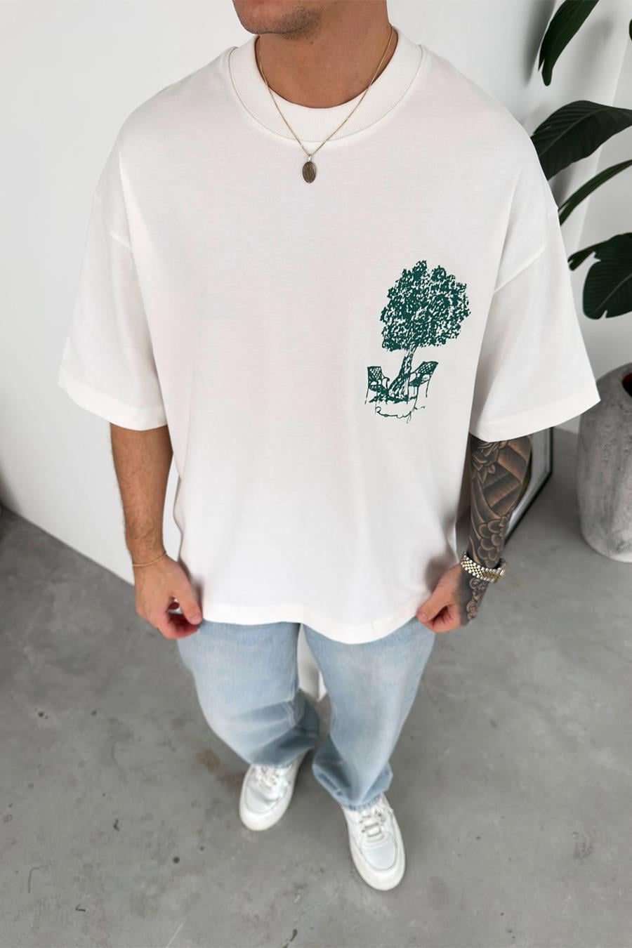 Beyaz Premium Baskılı Oversize Tişört