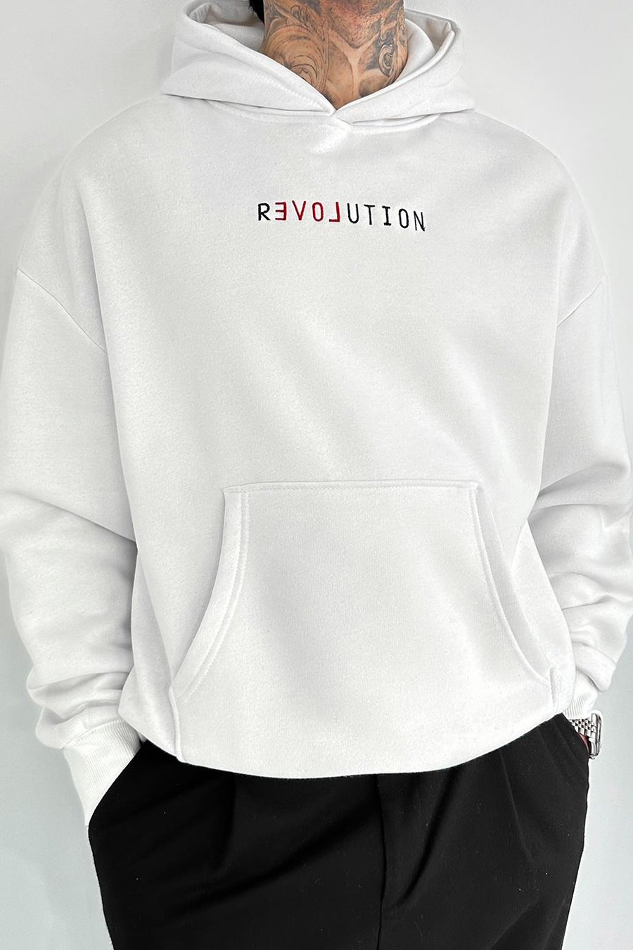 Beyaz Revolution Nakış Detay HAFKA PREMİUM 3 İplik Şardonlu Oversize Sweatshirt