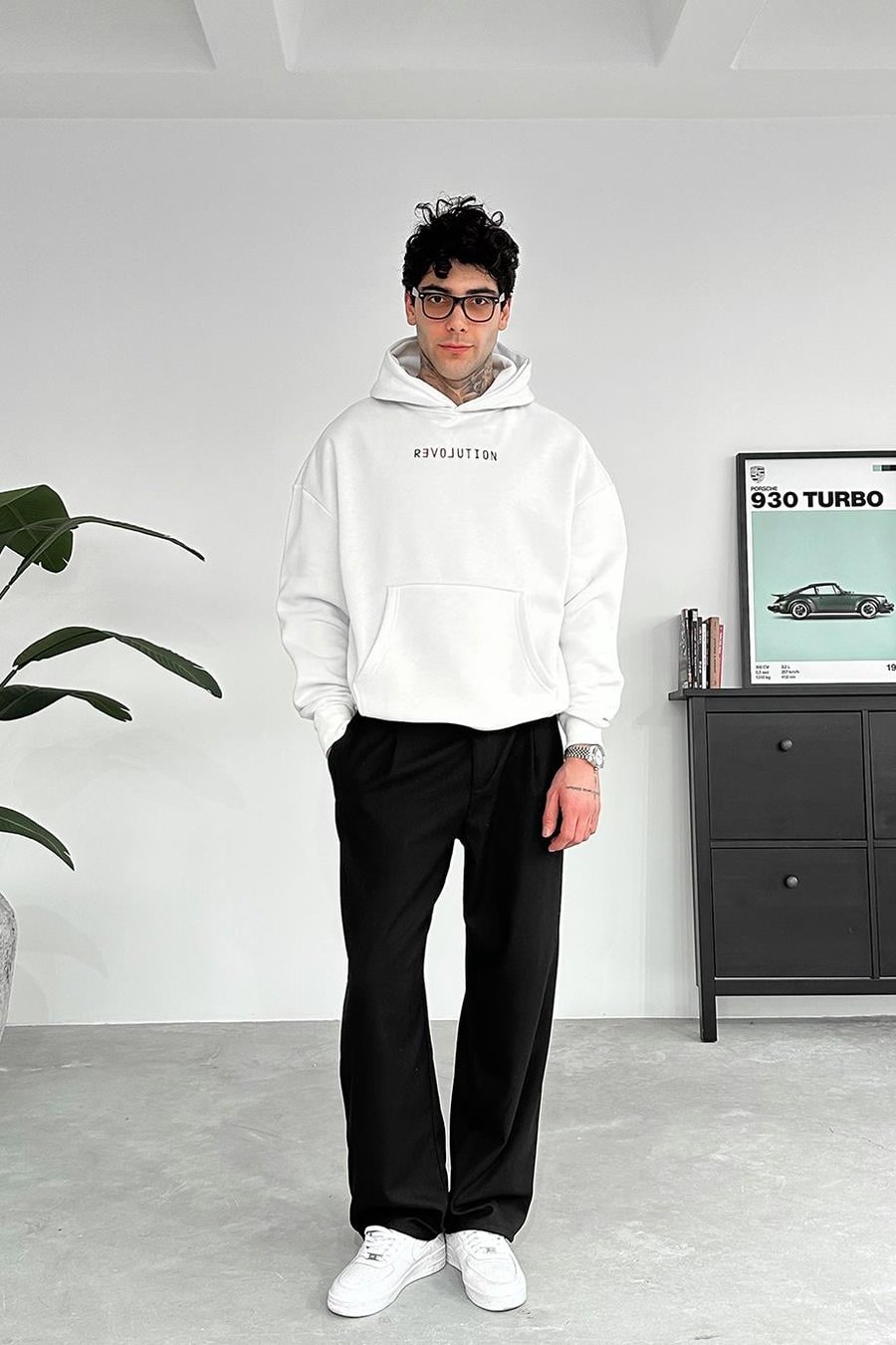 Beyaz Revolution Nakış Detay HAFKA PREMİUM 3 İplik Şardonlu Oversize Sweatshirt