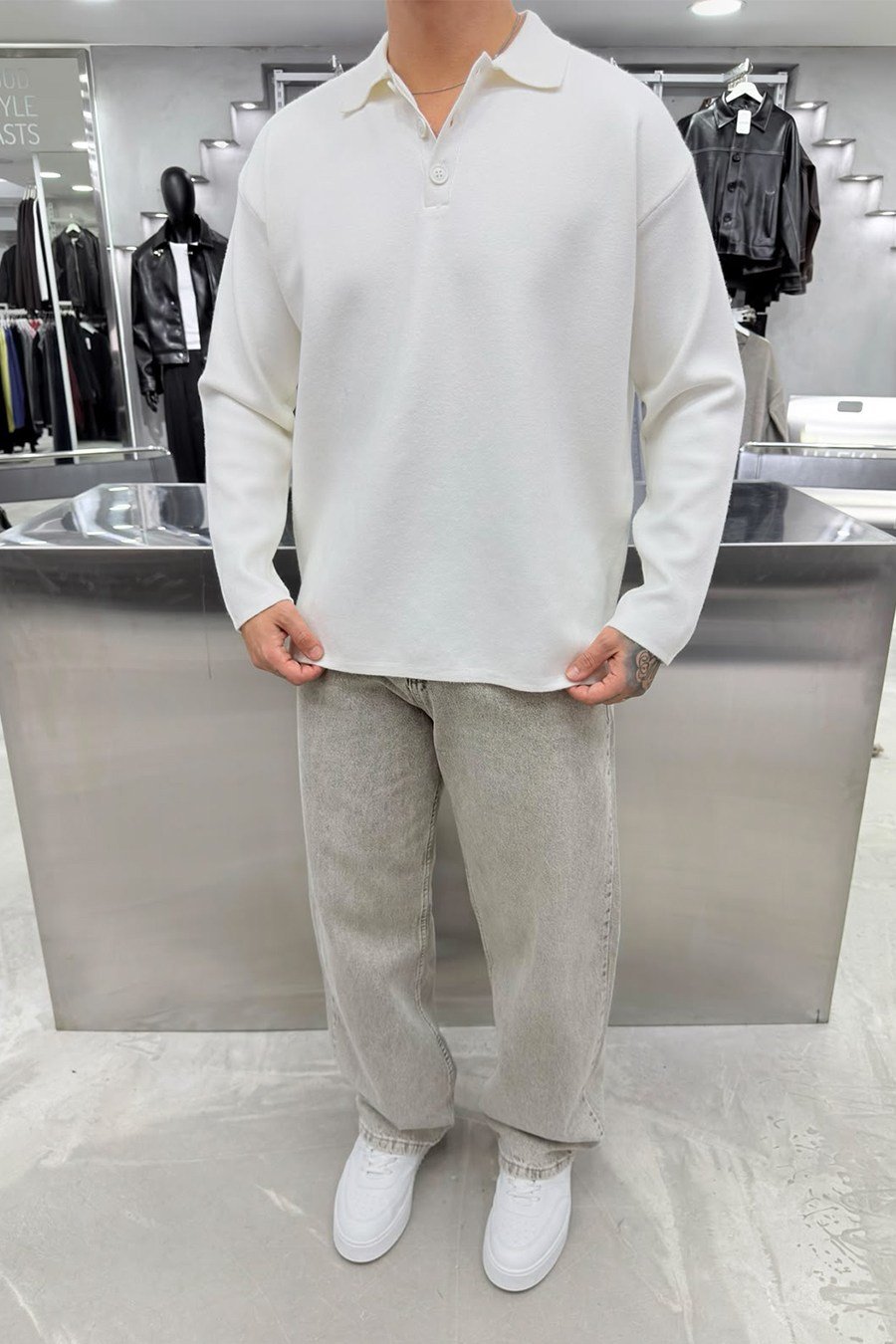 Beyaz Soft Premium Oversize Triko Polo Yaka Kazak
