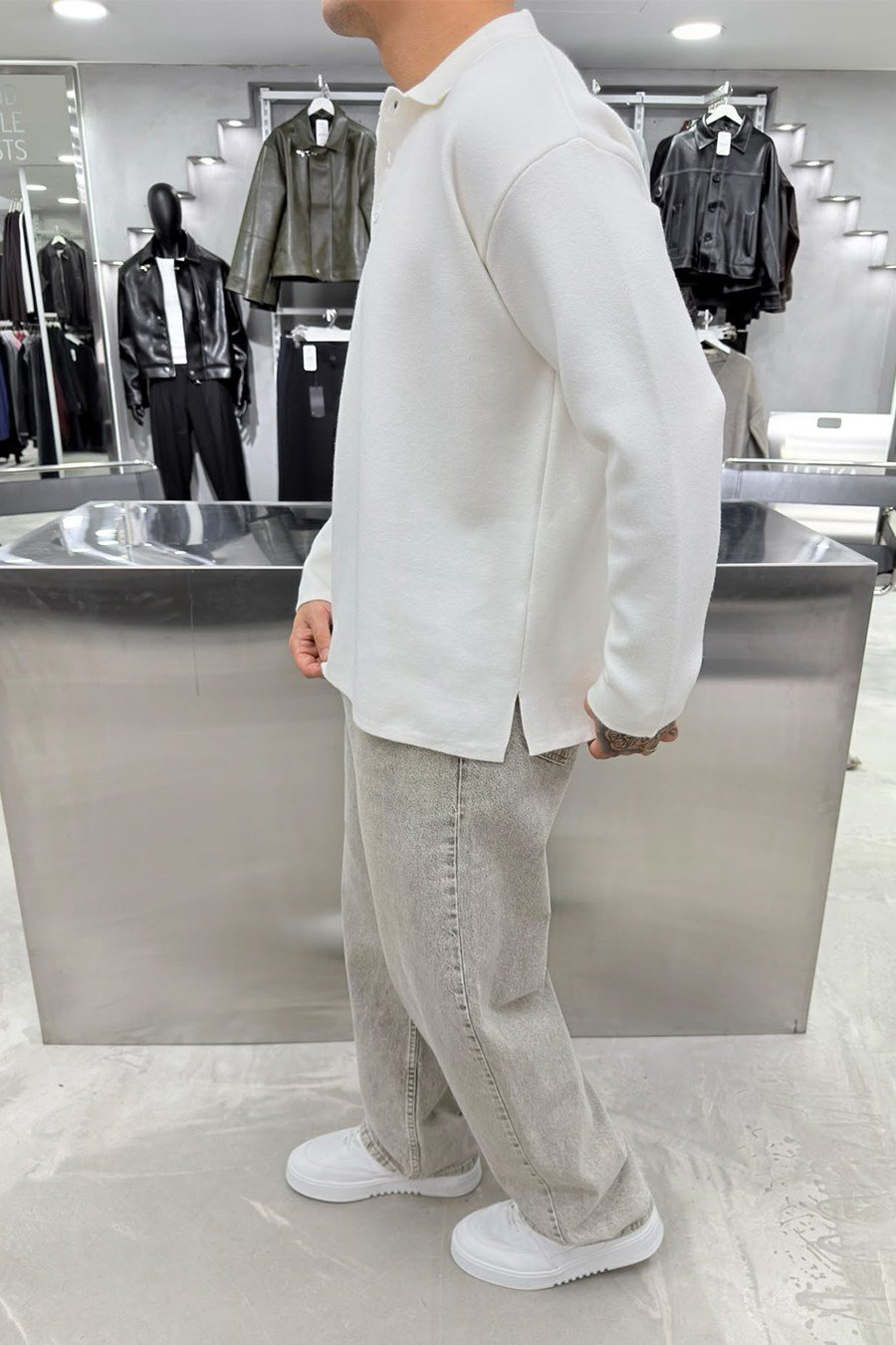 Beyaz Soft Premium Oversize Triko Polo Yaka Kazak