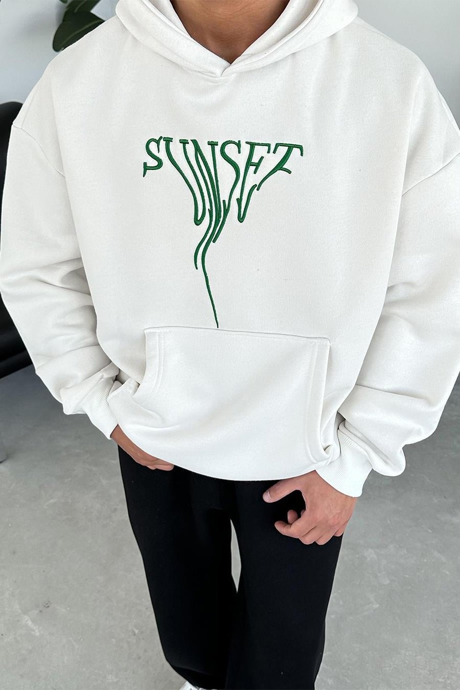 Beyaz Sunset Nakış Detay HAFKA PREMİUM 3 İplik Şardonlu Oversize Sweatshirt