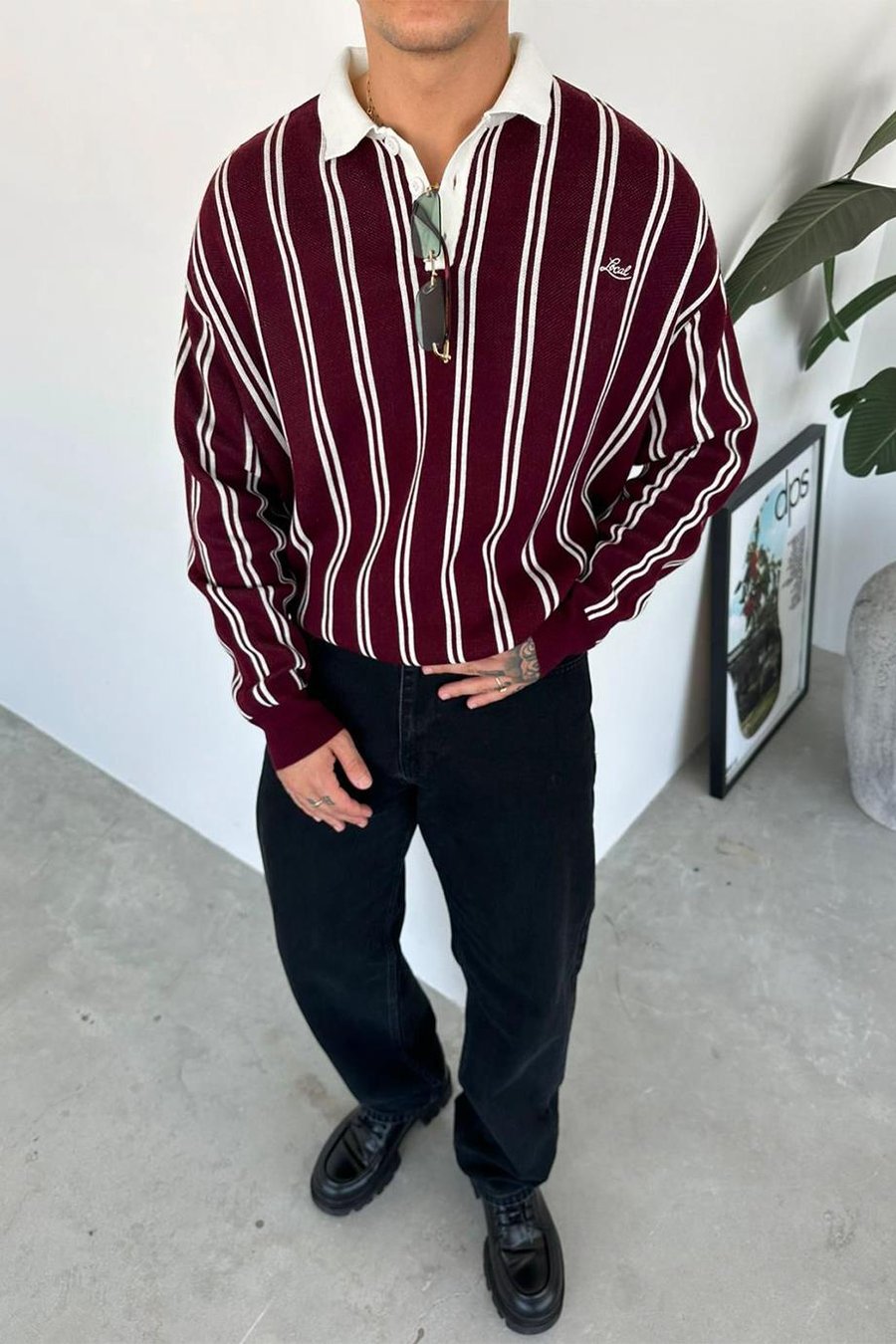 Bordo Çizgili Oversize Polo Yaka Sweatshirt