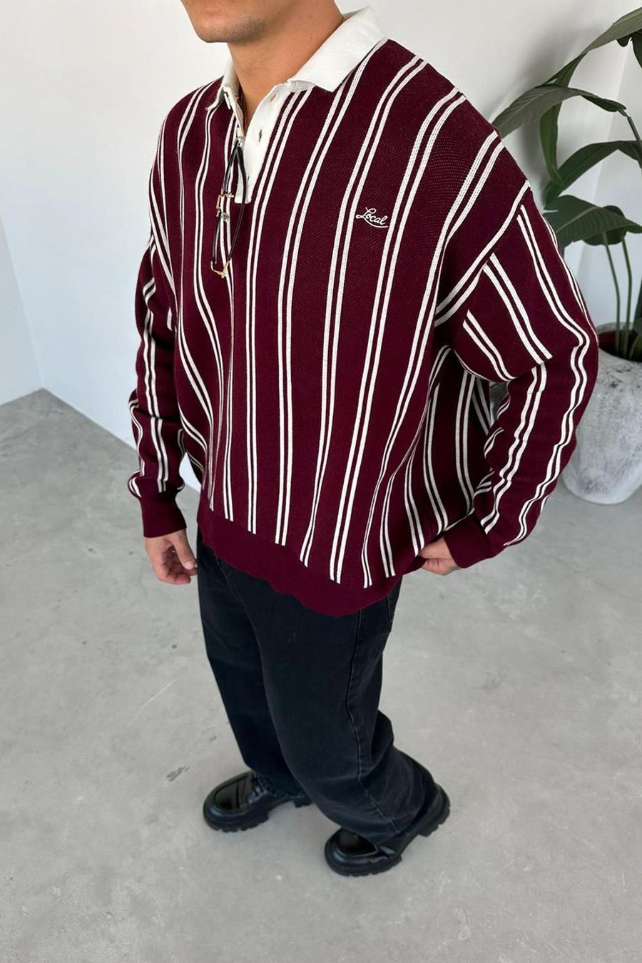 Bordo Çizgili Oversize Polo Yaka Sweatshirt