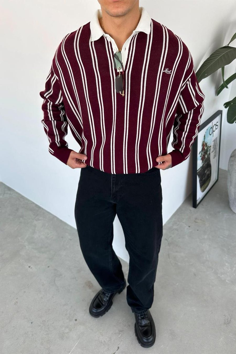 Bordo Çizgili Oversize Polo Yaka Sweatshirt