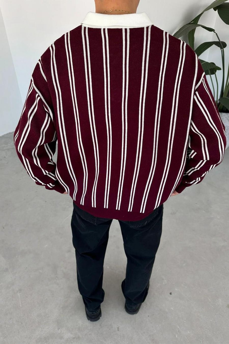Bordo Çizgili Oversize Polo Yaka Sweatshirt